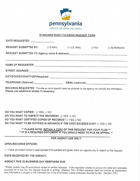 First page of the Standard Right-to-Know Request Form
