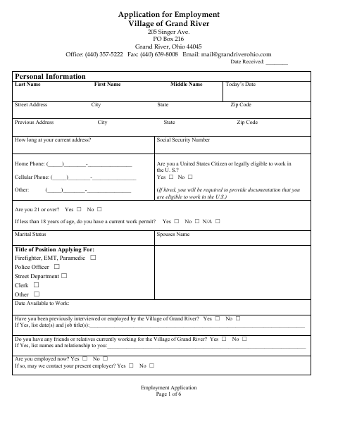 First page of the Application for Employment