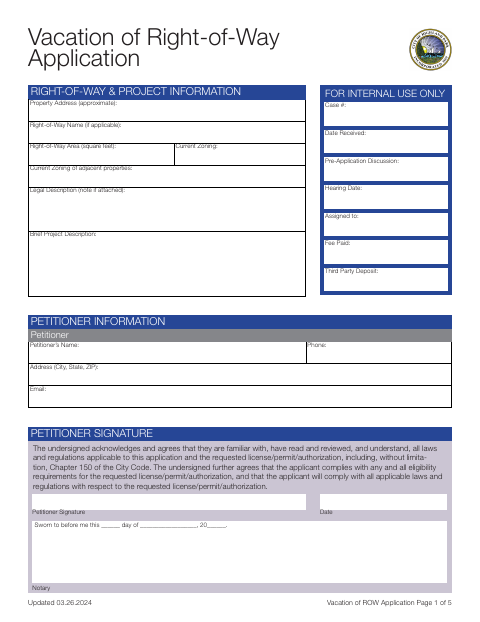 First page of the Vacation of Right-of-Way Application