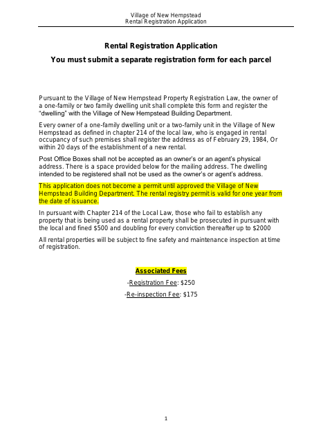 First page of the Rental Registration Application
