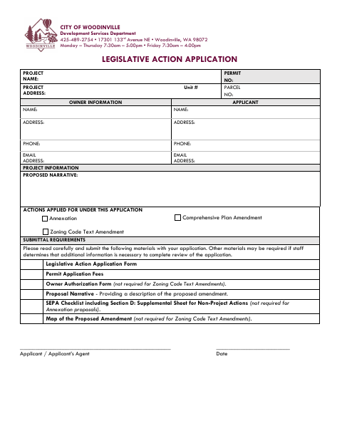 First page of the Legislative Action Application