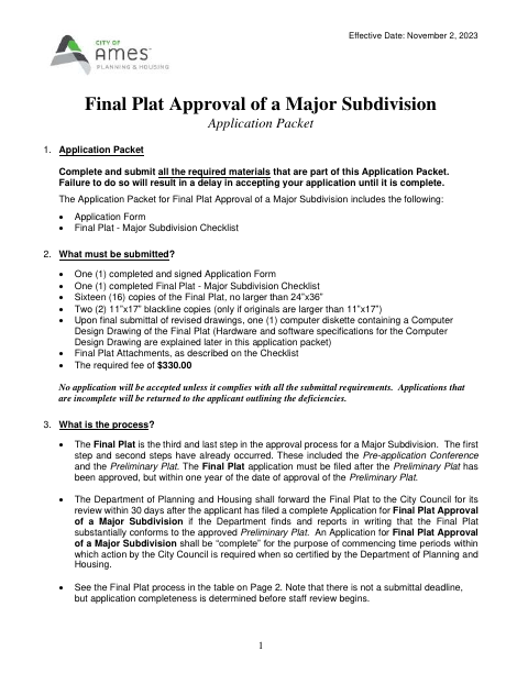 First page of the Final Plat Approval of a Major Subdivision