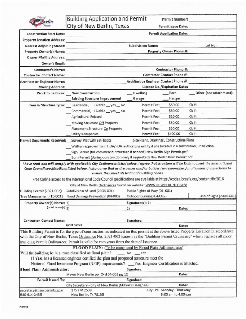 First page of the Building Application and Permit