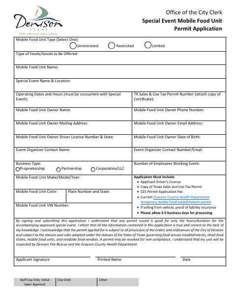 First page of the Special Event Mobile Food Unit Permit Application