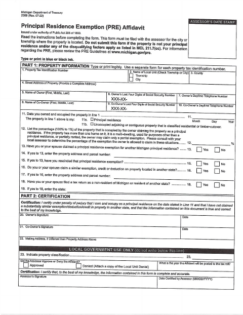 First page of the Principal Residence Exemption Affidavit