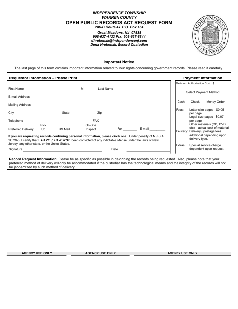 First page of the Open Public Records Act Request Form