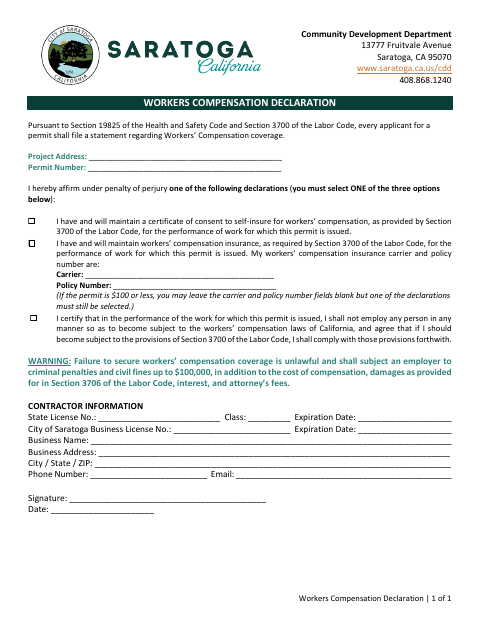 First page of the Workers Compensation Declaration