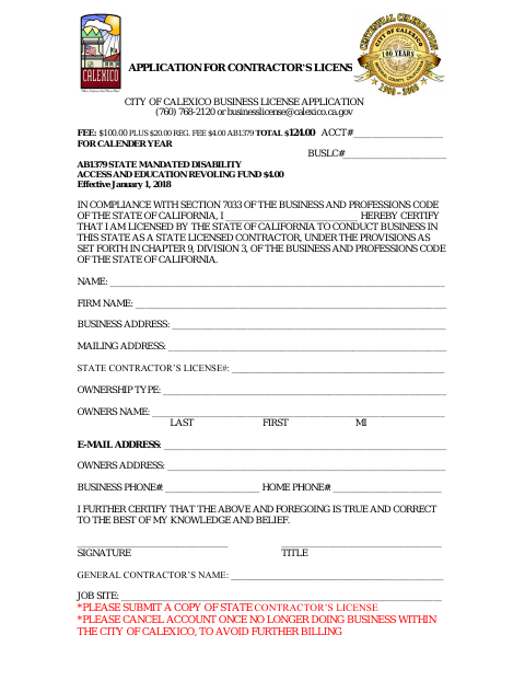 First page of the Contractor Business License Application