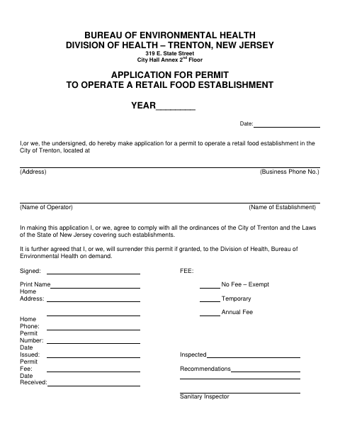 First page of the Application for Permit to Operate a Retail Food Establishment