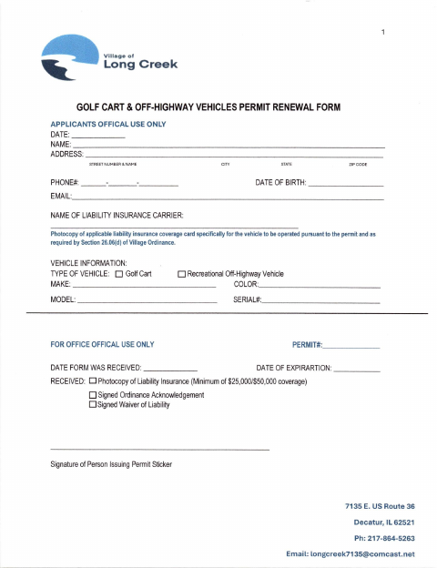 First page of the Golf Cart and Off-Highway Vehicle Permit Renewal Form