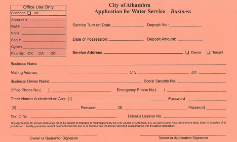 First page of the Business Water Service Application