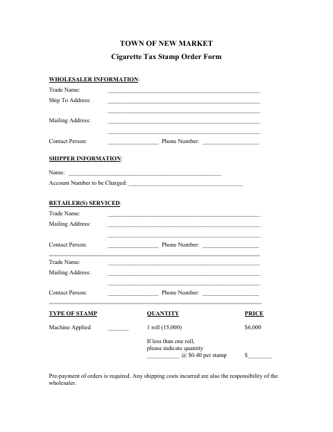 First page of the Cigarette Tax Stamp Order Form