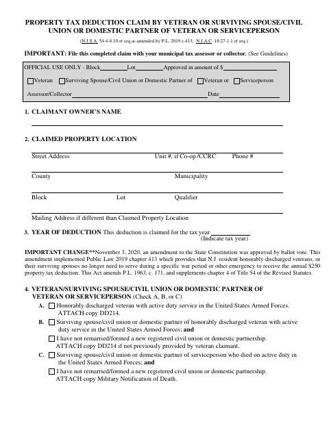 First page of the Property Tax Deduction Claim by Veteran or Surviving Spouse