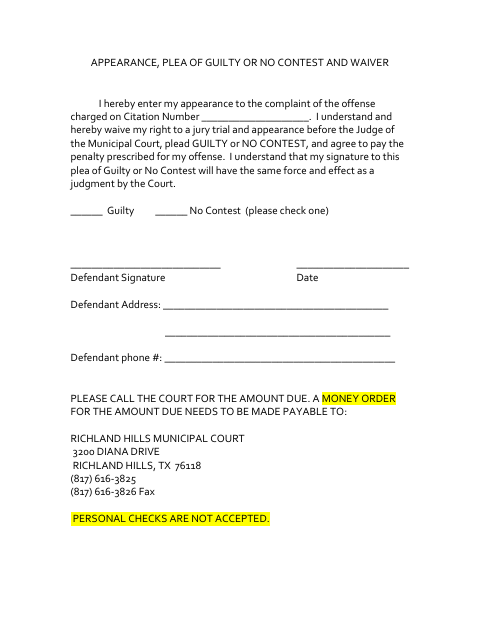 First page of the Appearance, Plea of Guilty or No Contest and Waiver