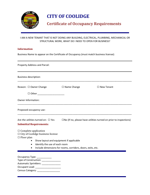First page of the Certificate of Occupancy Requirements