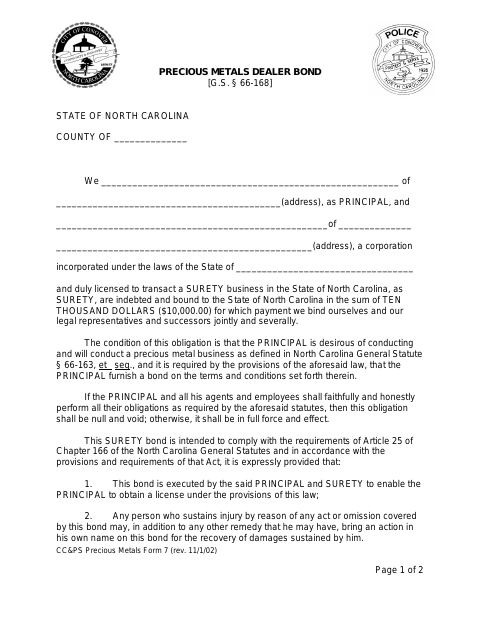 First page of the Precious Metals Dealer Bond