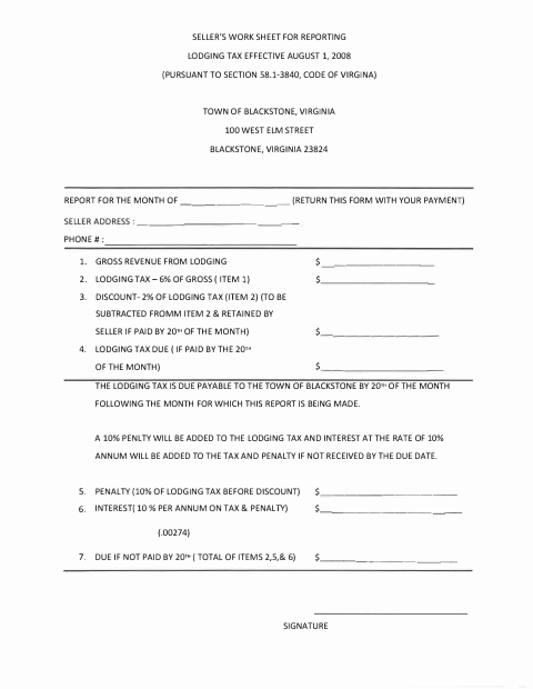 First page of the Seller's Worksheet for Reporting Lodging Tax