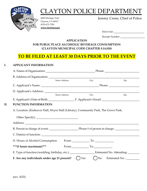First page of the Application for Public Place Alcoholic Beverage Consumption