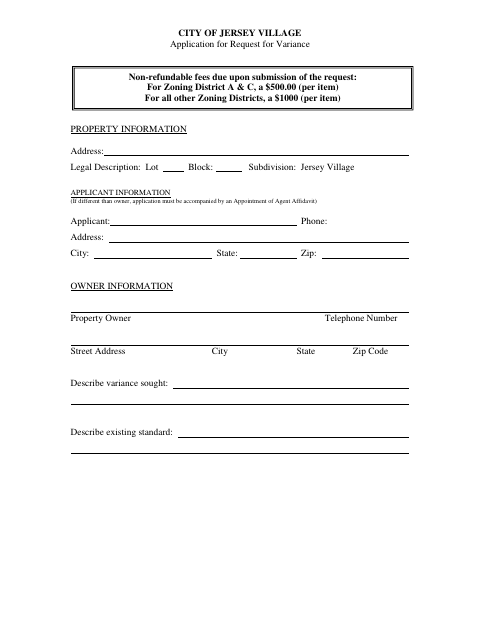 First page of the Application for Request for Variance
