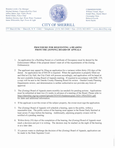 First page of the Application to the Zoning Board of Appeals