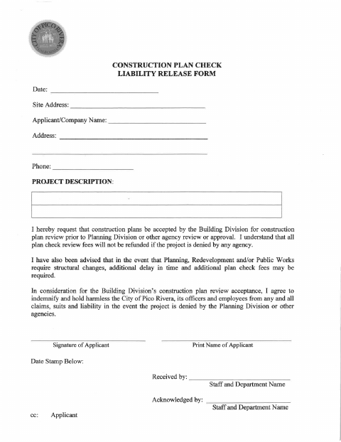 First page of the Construction Plan Check Liability Release Form