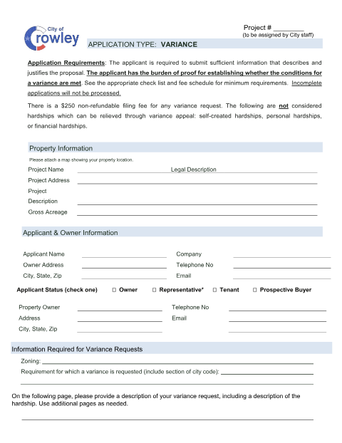 First page of the Variance Application (Zoning Board of Adjustment)