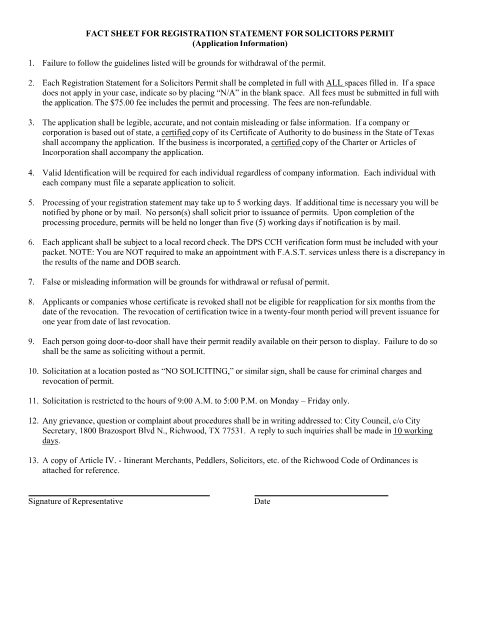 First page of the Solicitors Permit Registration Statement