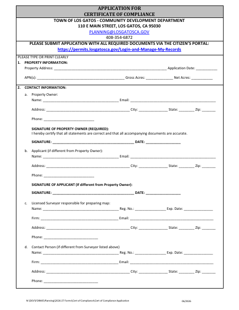 First page of the Application for Certificate of Compliance