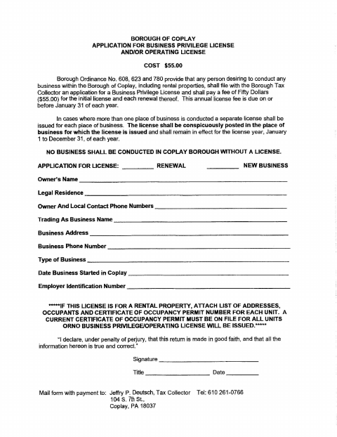 First page of the Business Privilege License and Operating License Application