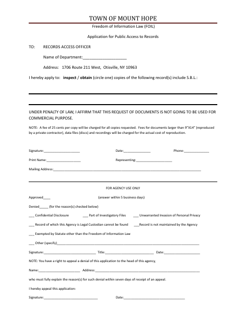 First page of the Freedom of Information Law (FOIL) Application for Public Access to Records