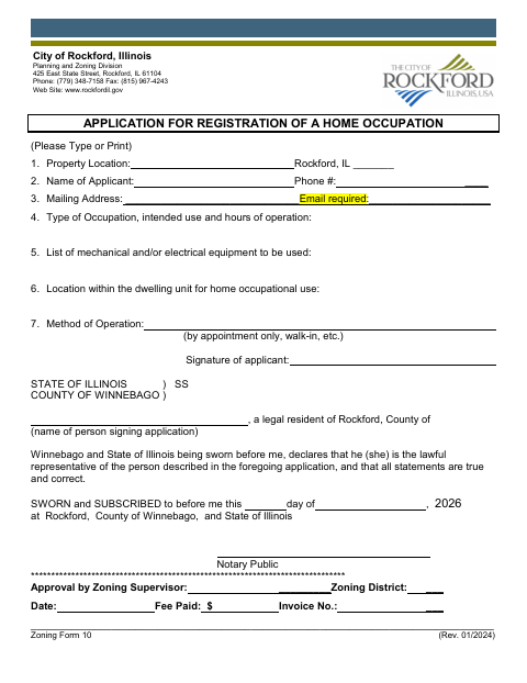 First page of the Home Occupation Registration Application