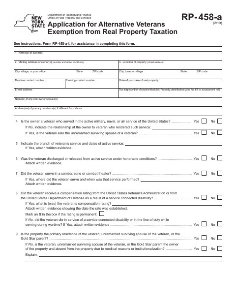 First page of the Application for Alternative Veterans Exemption from Real Property Taxation