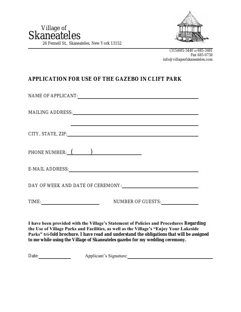 First page of the Application for Use of the Gazebo in Clift Park