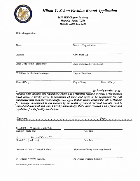 First page of the Hilton C. Schott Pavilion Rental Application