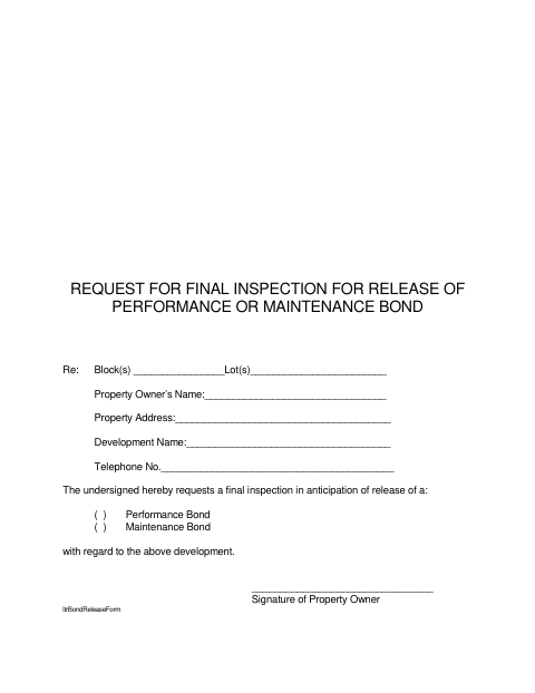 First page of the Request for Final Inspection for Release of Performance or Maintenance Bond