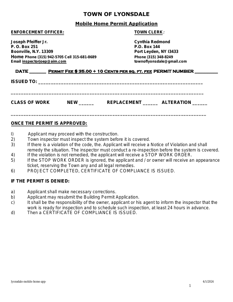 First page of the Mobile Home Permit Application
