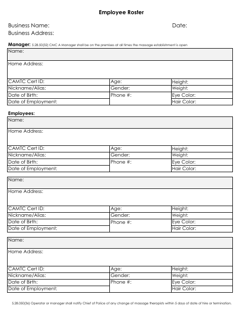 First page of the Employee Roster