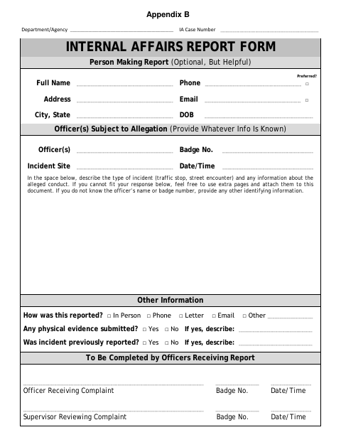 First page of the Internal Affairs Report Form