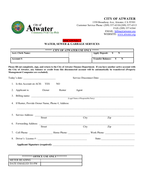 First page of the Disconnect Water, Sewer & Garbage Services