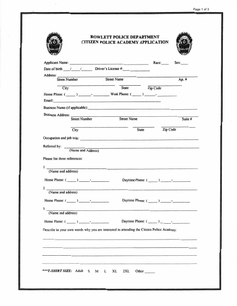 First page of the Citizen Police Academy Application