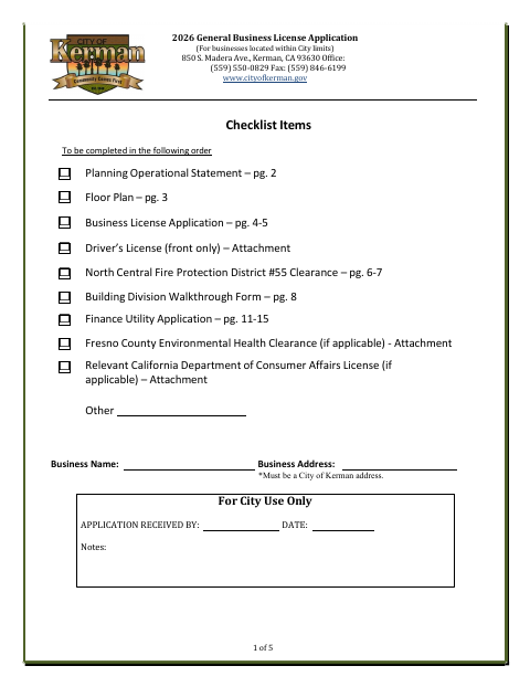 First page of the 2026 General Business License Application