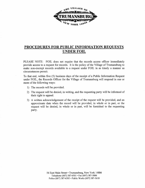 First page of the Public Information Request Under FOIL