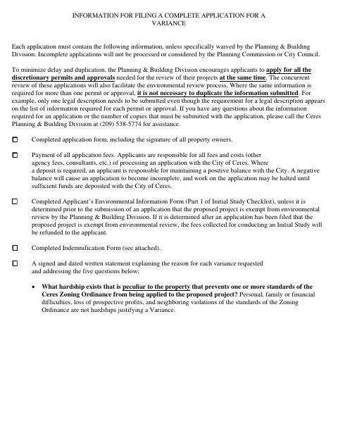 First page of the Information for Filing a Complete Application for a Variance