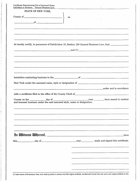 First page of the Certificate Discontinuing Use of Assumed Name