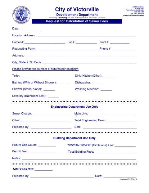 First page of the Request for Calculation of Sewer Fees