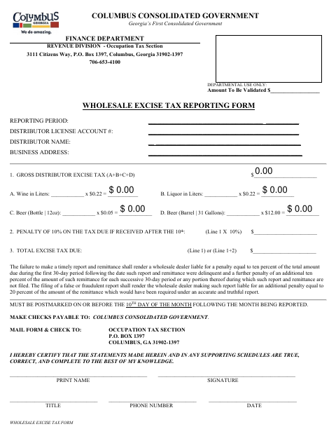 First page of the Wholesale Excise Tax Reporting Form