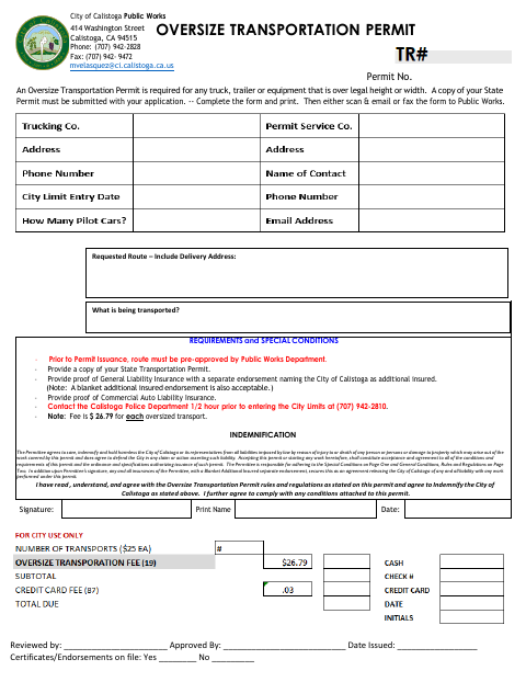 First page of the Oversize Transportation Permit