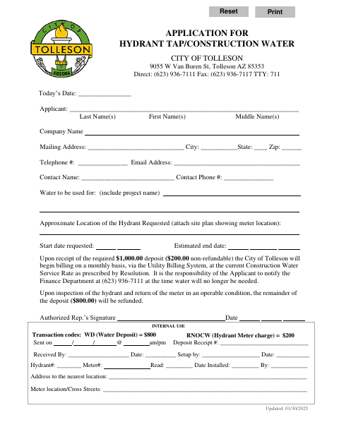 First page of the Application for Hydrant Tap / Construction Water
