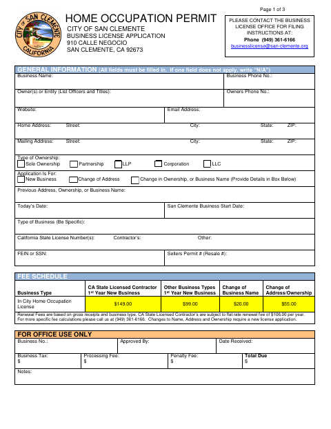 First page of the Home Occupation Permit Application