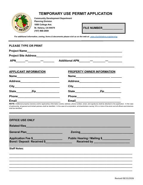 First page of the Temporary Use Permit Application